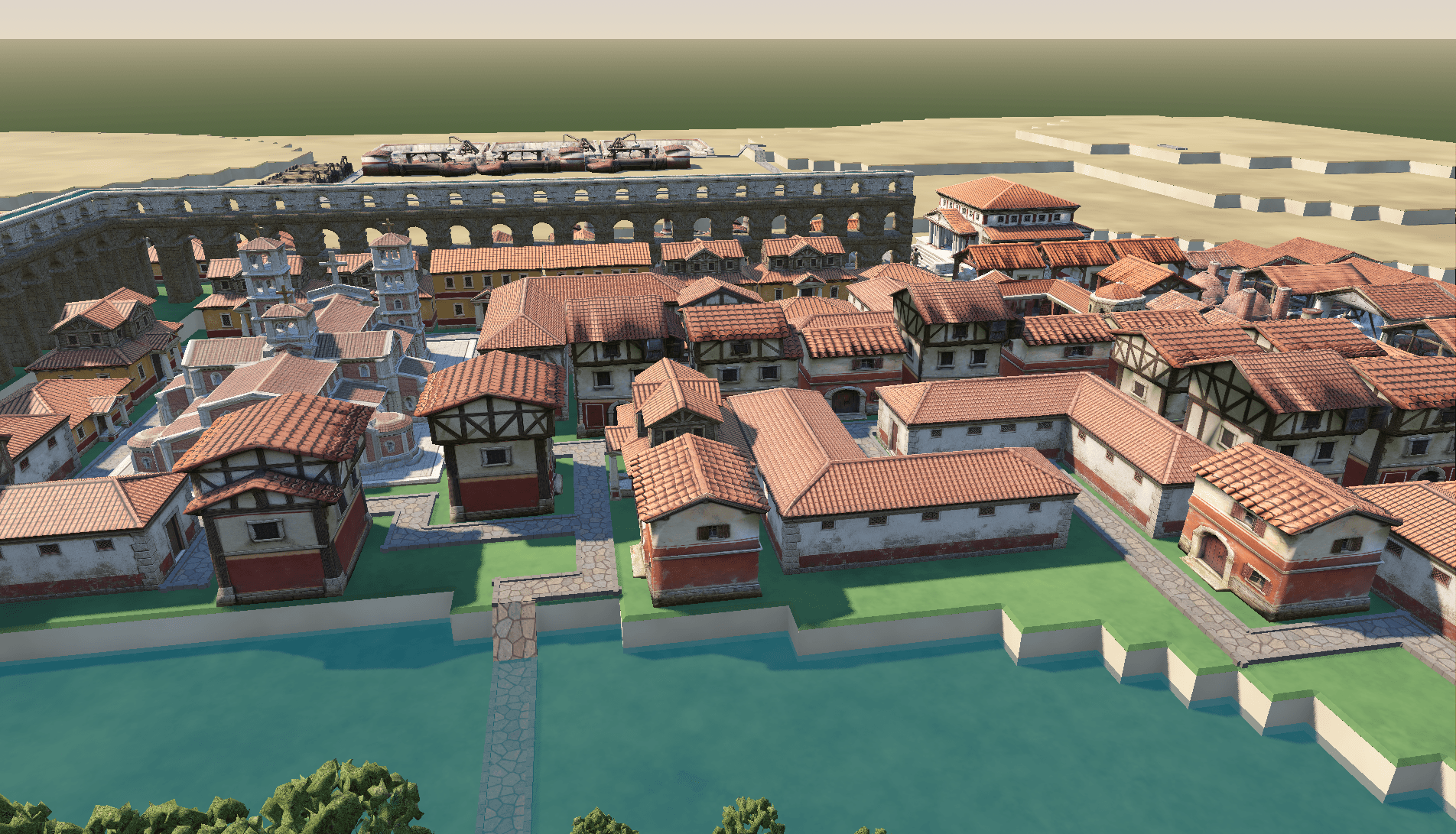 Housing district beside a stone aqueduct