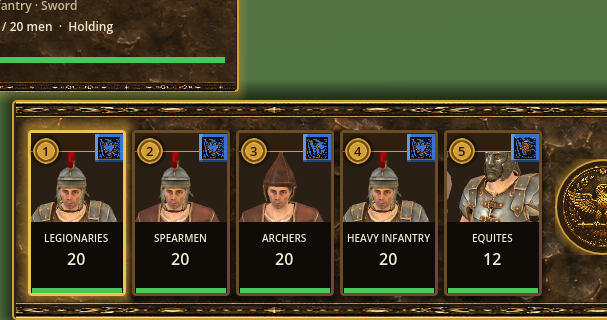 Close card chrome — Legionaries selected, Equites with rider bust