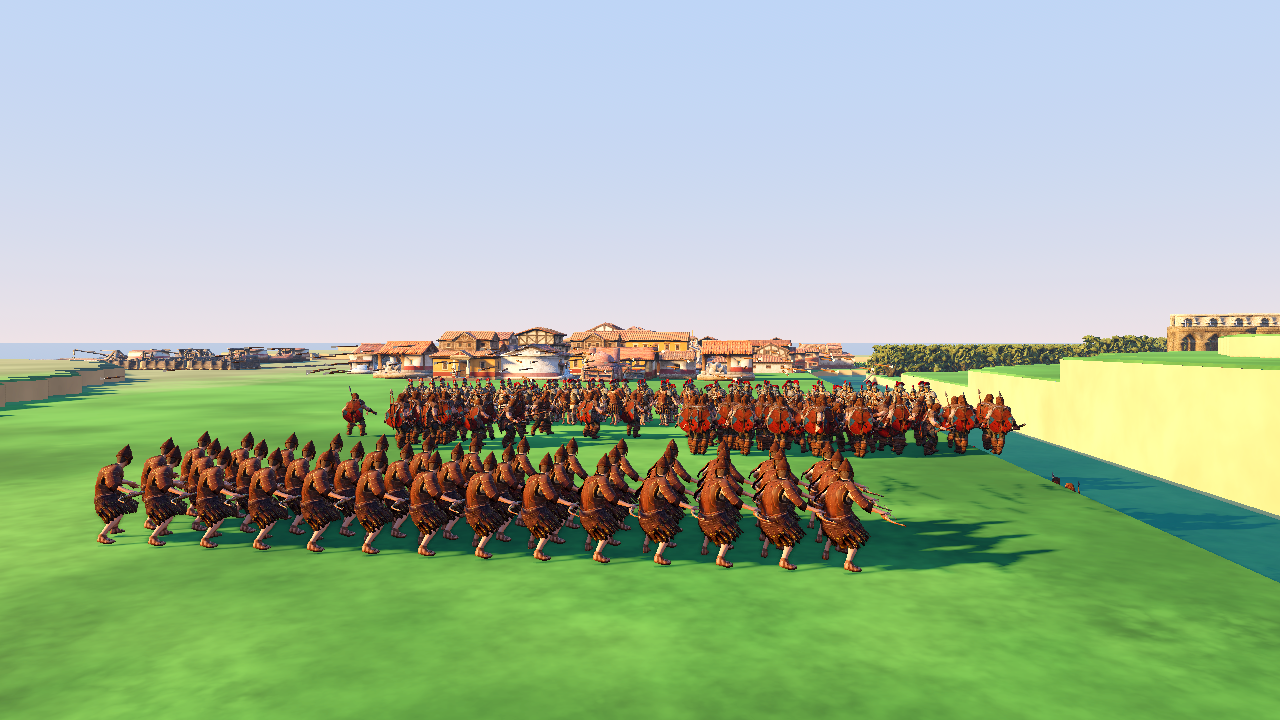 Wide apron view — fight staged south of housing footprints