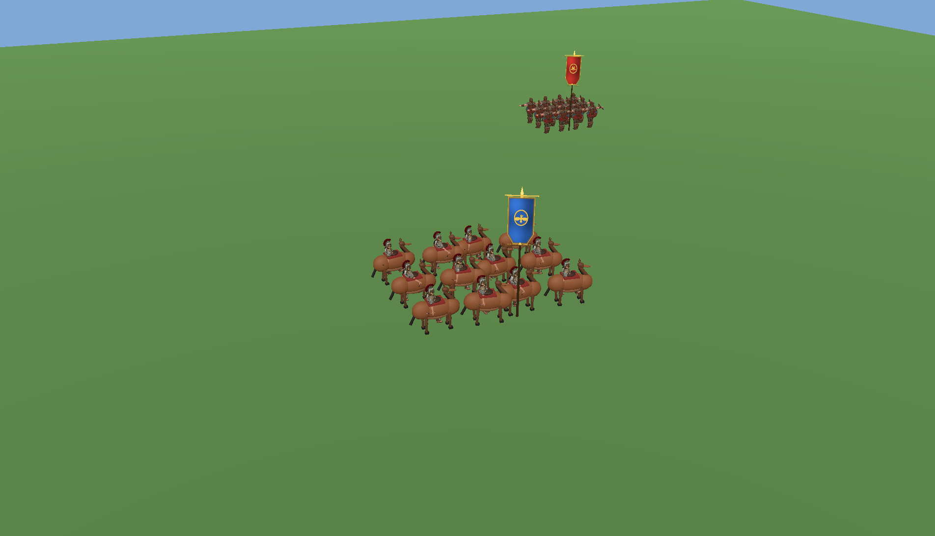 Cavalry mid — riders stay on the formation rail through the approach